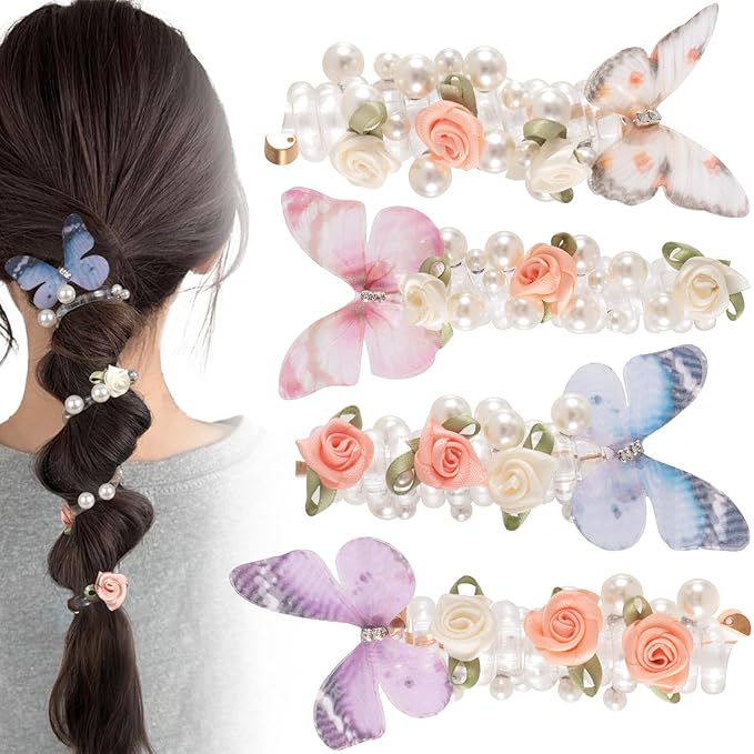4PCS Rose Bead Spiral Hair Ties, 4 Colors Butterfly Floral Phone Cord Ponytail Holders for Women, Elegant Rubber Hair Coils, Stylish Hair Accessories for Party, Daily Use