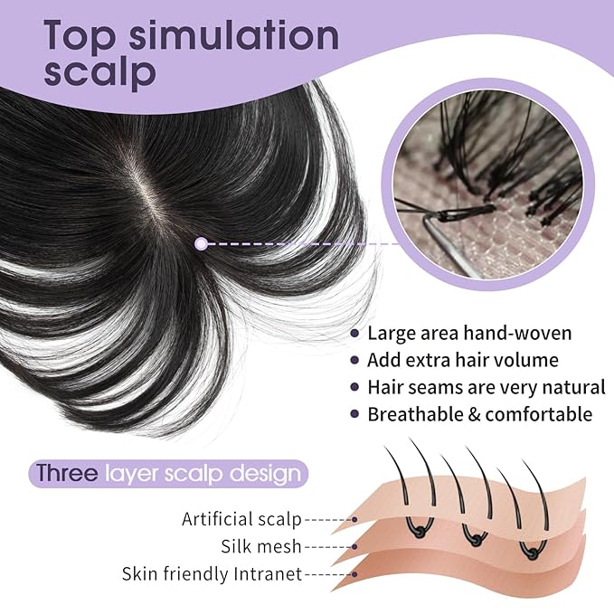 10 Inch Real Human Hair Topper with Bangs for Women Covers Thinning Crown, Clip-In Hair Topper for Thinning Hair (Natural Black)