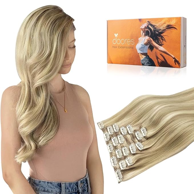 DOORES Hair Extensions Clip in Ombre Light Blonde Highlighted Golden Blonde 7pcs 24Inch Clip in Human Hair Extensions Remy Natural Hair Extensions Straight Thick 120g