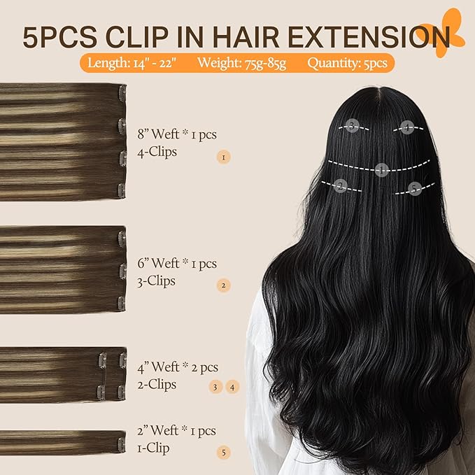 DOORES Clip in Human Hair Extensions, 5pcs 75g Balayage Chocolate Brown to Honey Blonde 16 Inch Remy Hair Extensions Straight