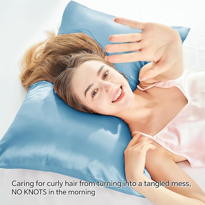BEDELITE Satin Pillowcase with Zipper, Blue King Size Pillow Cases Set of 2, Super Soft and Cooling Similar to Silk Pillow Cases, Gift for Women Men(20x36 Inches)