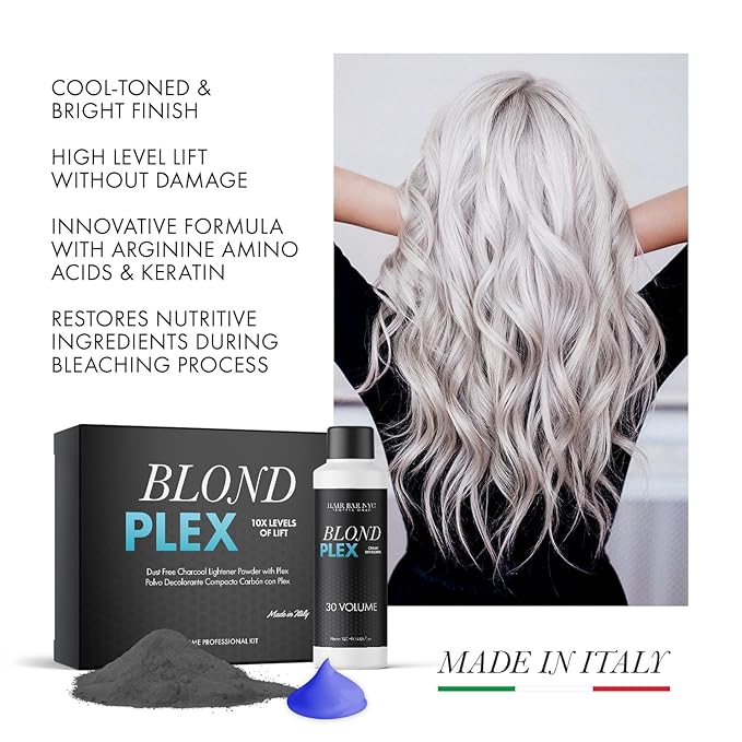 Hair Bar NYC Blond Plex 10X Lightener + 30 Volume Violet Developer Kit – Dust-Free Charcoal Bleach Powder (50g / 1.76 oz) + Anti-Brass Developer (120 ml / 4.06 fl oz) – Bond-Building Formula