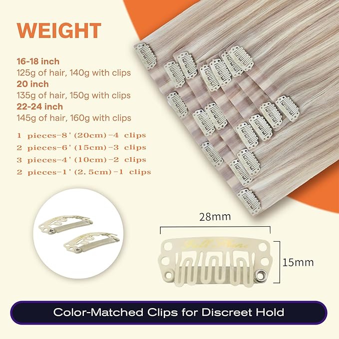 Full Shine Clip in Hair Extensions 22 inch 160g 8Pcs Seamless Human Hair Clip in Extensions Ash Blonde Mix Bleach Blonde Remy Hair Clip ins PU Skin Weft