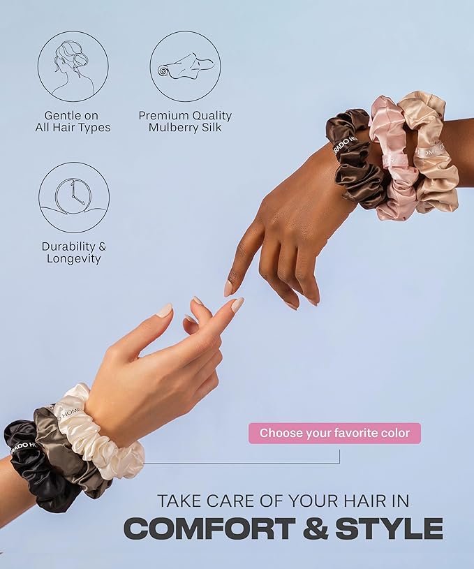 SUNDAYSILKS™ Luxurious Mulberry Silk Scrunchies for Women & Girls | No-Slip, Silky Hair Ties for Natural, Curly, Thin or Thick Hair | Gentle Hold for Ponytails & Sleep | Mini to Large Sizes [3 Pack]