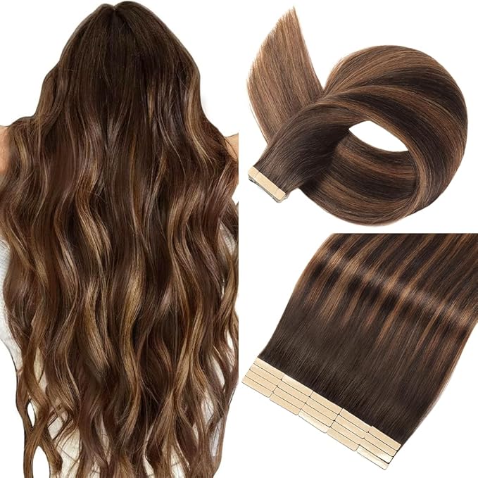 Tape in Hair Extensions Human Hair Dark Brown to Mixed Chestnut Brown Hair Extensions 18 Inch 20pcs Remy Straight Human Hair Tape in Extensions Skin Weft Tape Extensions Human Hair
