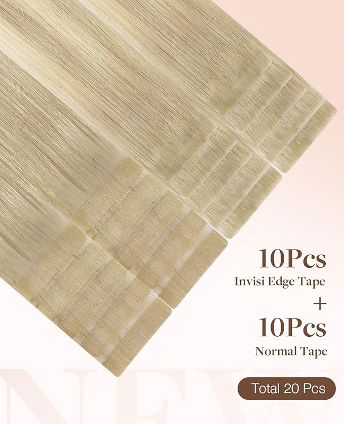 GOO GOO Invisi Edge Tape in Hair Extensions Human Hair, 18ET90A Natural Blonde Balayage10pcs injected with 10pcs classical tape ins, 22inch 50g, Virgin Remy Hair, Natural Look