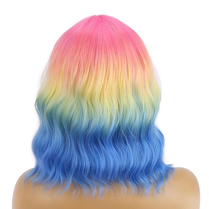 BERON 14 Inches Rainbow Wig Short Colorful Bob Wigs with Bangs Halloween Colored Wig for Women Loose Wavy Wigs for Women