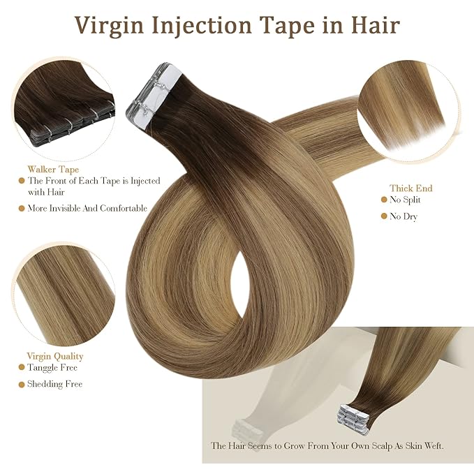 Full Shine Seamless Inject Tape in Extensions 5Pcs Virgin Tape Hair Color 3/8/22 Real Human Hair Extensions Invisible Tape in Hair Extensions Remy Human Hair for Women 22 Inch 12.5 Gram