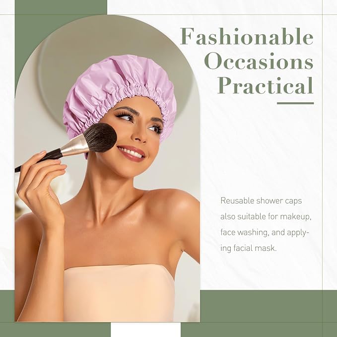 Reusable Shower Cap for Women, Large Waterproof Shower Essentials Bonnet Washable Elastic Band Bath Hair Wrap Hat for Long Hair, Braids(Purple)