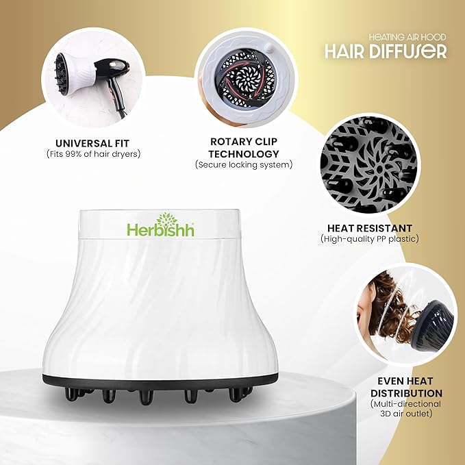 Herbishh Universal Hair Dryer Diffuser - Adjustable 3.5-8 cm, Rotary Clip for Curly & Wavy Hair, Even Heat, Reduces Frizz & Adds Volume, Heat-Resistant Air Hood for Effortless Curl Definition (White)