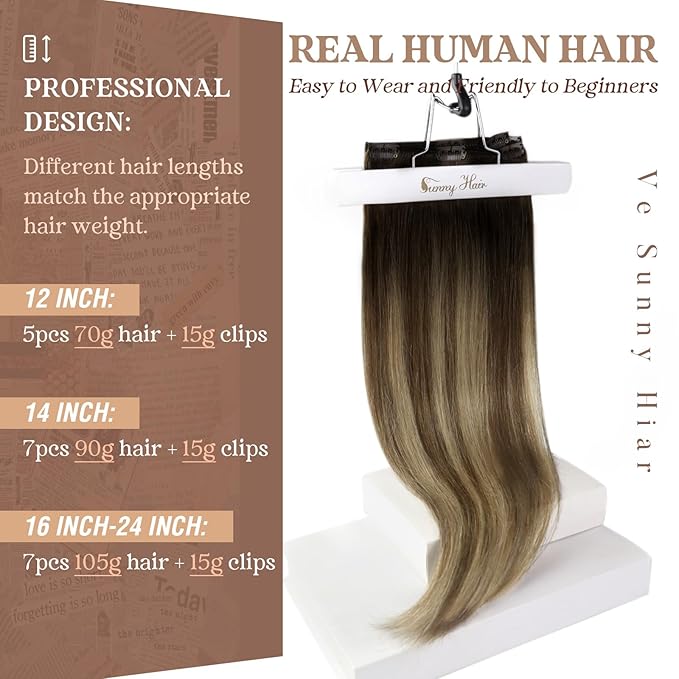 Ve Sunny Clip in Hair Extensions Real Human Hair, Human Hair Extensions Clip ins Black Root Balayage Brown Blonde Remy Hair Extensions, Clip in Human Hair Extensions, 7pcs 120g 18 Inch