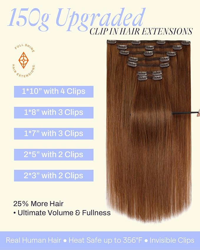 Full Shine Ginger Hair Clip in Extensions Real Human Hair Extensions Clip ins Dark Auburn for Thickness for Pageant 150 G 24 Inch 7 Pcs