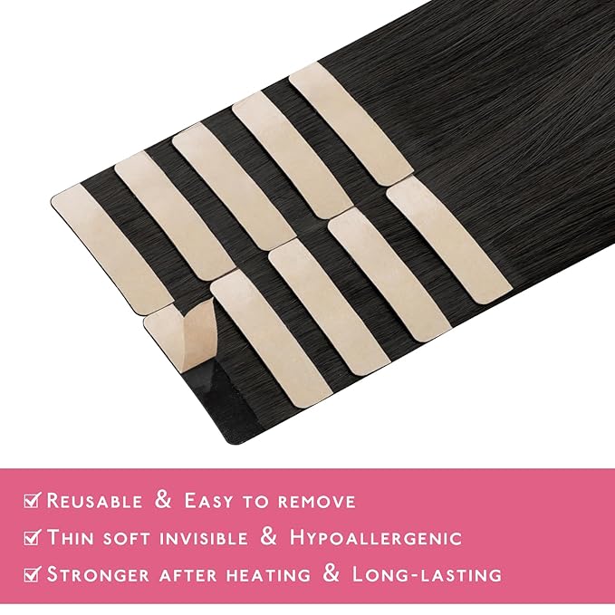 WENNALIFE Tape in Hair Extensions Human Hair Natural Black Tape in Extensions, 10pcs 25g 14 inch Remy Invisible Tape Ins Straight Colored Soft Real Human Hair Tape in Extensions Refill Set Extensions