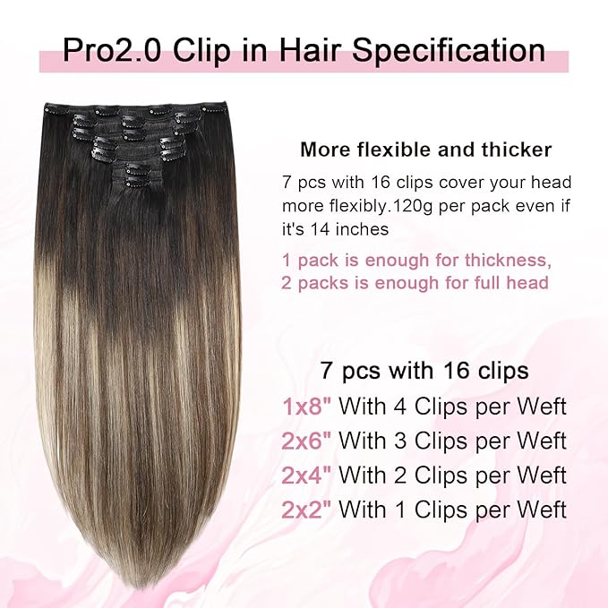 Pro2.0 Clip in Hair Extensions Real Human Hair 22inch 7pcs #1b/4/27 Natural Black to Chocolate Brown and Caramel Blonde Real Hair Extensions Clip in Human Hair 120g Thick（#1b/4/27-22inch）