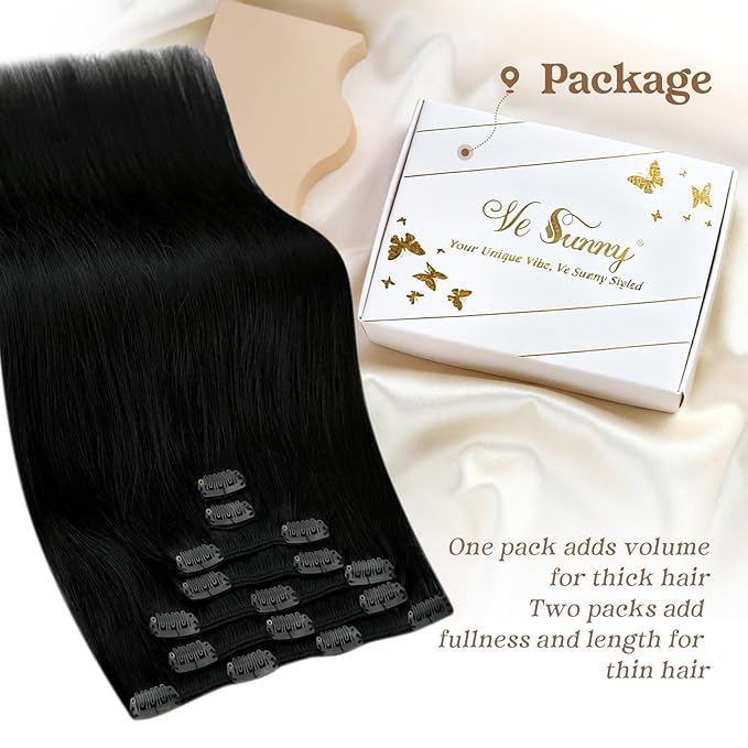 Ve Sunny Clip in Hair Extensions Real Human Hair, Clip on Hair Extensions for Women, Human Hair Clip in Extensions Jet Black Hair Extensions Natural 5pcs 12inch 80g