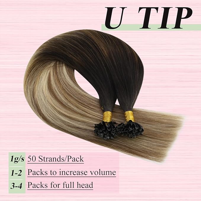 YoungSee U Tip Hair Extensions Human Hair Balayage U Tip Hair Extensions Ombre Dark Brown to Brown with Blonde K Tips Hair Extension Real Human Hair Silky 18In Balayage Utip Remy Hair 1g/s 50g