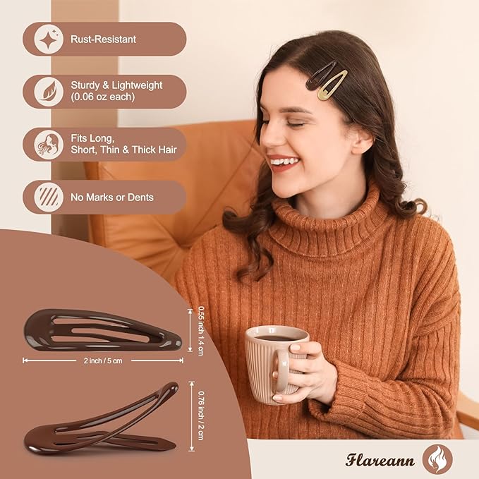 Neutral Shades Glossy Snap Hair Clips by FLAREANN – 50 PCS 2 Inch Non-Slip Metal Hair Barrettes for Women in Beige, Black, Brown, Light Brown & Grey – Minimalist Hair Accessories