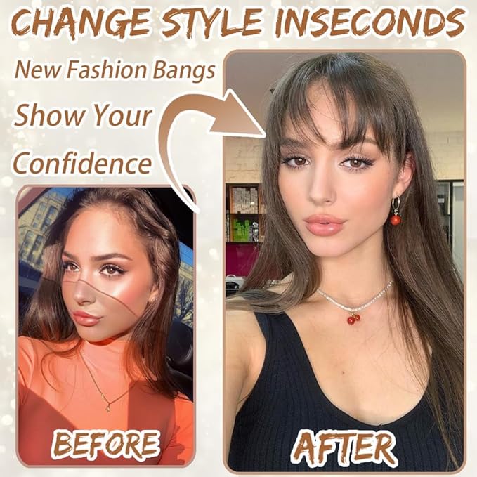 Amchoice Hair Toppers for Women Real Human Hair, Bangs Hair Clip 360° 3D Cover Bangs, Human Hair Toppers for Women Daily(Dark Brown, 3D French Bangs (5 * 9))