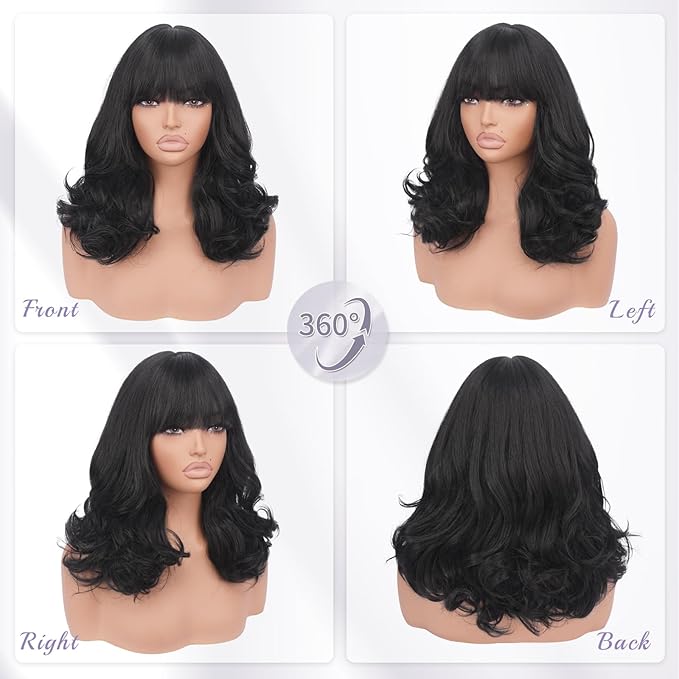Wig with Bangs for Women | 16 Inch Layered Body Wave Synthetic Wig | Heat Resistant Yaki Fiber Natural Looking Shoulder Length Wigs | Synthetic Wig for Daily Wear - Natural Black