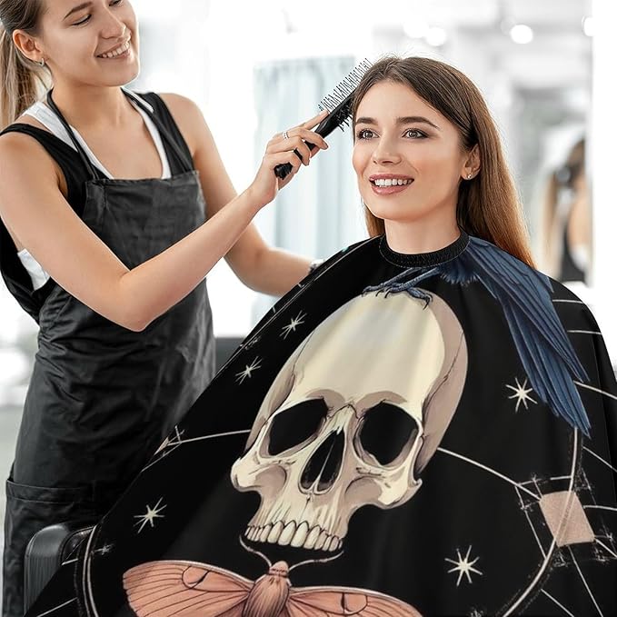 Large Size Salon Barber Cape, Black Raven Moon Skull Professional Hair Cutting Cape for Men Women