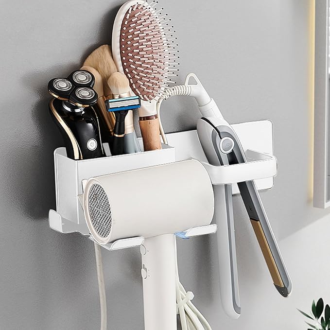 Hair Dryer Holder,Stainless Steel Wall Mounted Blow Dryer,Curling Iron,Straightener Holder Bathroom Metal Hair Tool Organizer Rack- White