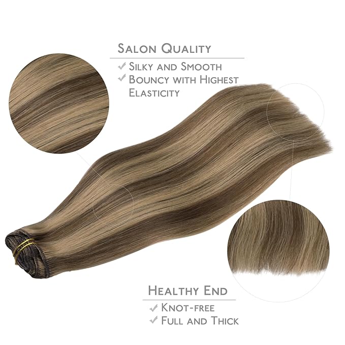WENNALIFE Clip in Hair Extensions Real Human Hair, 14 Inch 120g 7pcs Human Hair Extensions Clip In Human Hair, Balayage Chocolate Brown to Caramel Blonde Hair Extensions Clip In Real Hair Coloured
