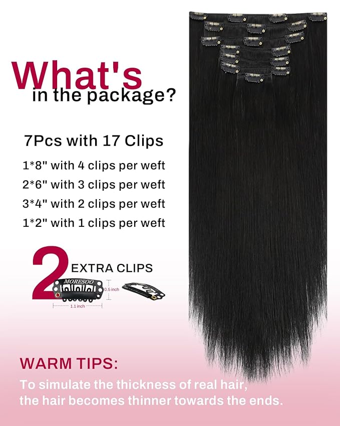 Moresoo Clip in Hair Extensions Remy Double Weft Human Hair Clip in Extensions Straight Hair Extensions for Women Natural Black #1B 7pcs 120g 18inch