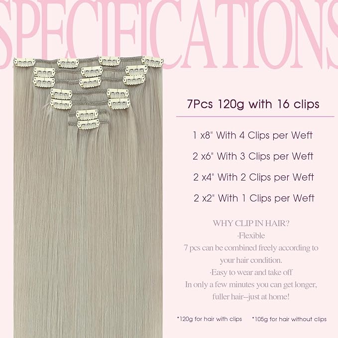 PINKPEARL Clip in Hair Extensions Real Human Hair, 14 Inch 120g 7pcs #1000 Gray Blonde Human Hair Extensions Clip Ins, Remy Hair Clip ins(#1000-14)