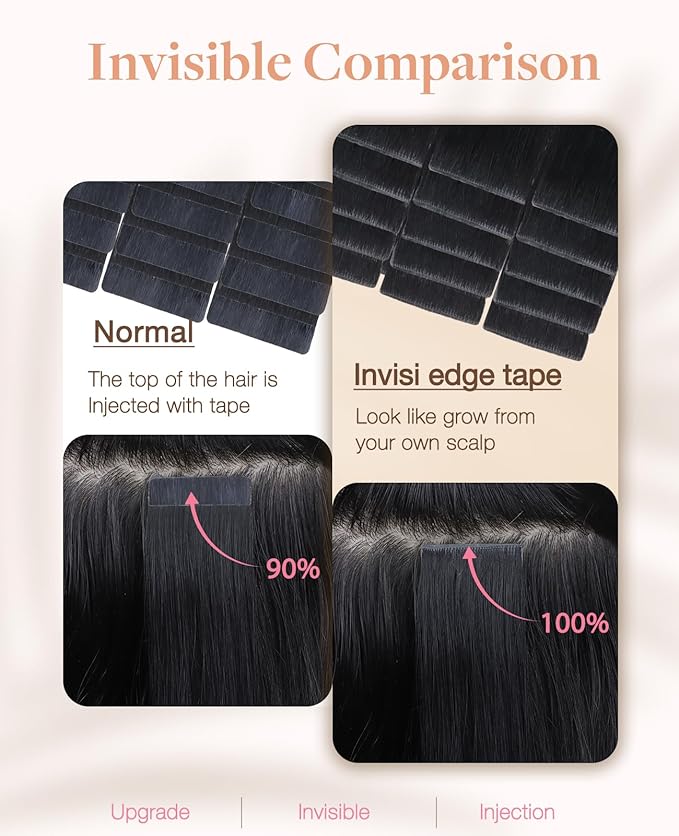 GOO GOO Invisi Edge Tape in Hair Extensions Human Hair, 1 Jet black 20pcs 10inch 30g, Virgin Remy Hair, Seamless Injected Tape, Natural Look