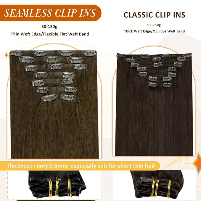 Full Shine Seamless Clip in Hair Extensions Human Hair Mocha Brown Human Hair Extension Clip ins Brown Straight Soft Hair for Women 18 Inch 8 PCS 120 G