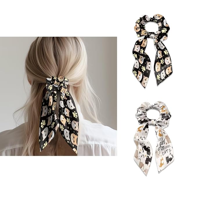 Cat Scarf Scrunchies for Women Paw Print 2 Piece Knotted Bow Hair Scrunchies Lightweight Bow Hair Tie with Knot Non Damage