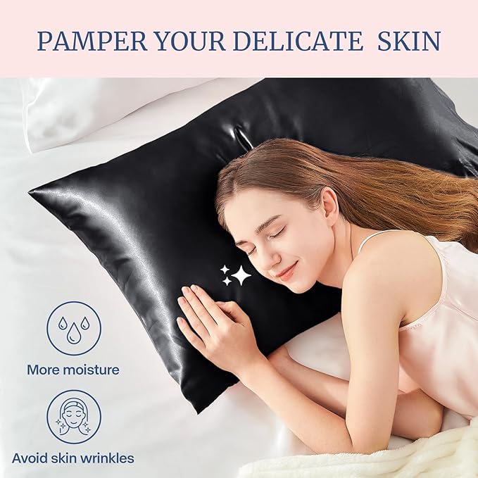 BEDELITE Satin Pillowcase for Hair and Skin, Super Soft and Cooling Similar to Silk Pillow Cases 2 Pack with Envelope Closure, Gift for Women Men(20"x26" Standard Size, Black)