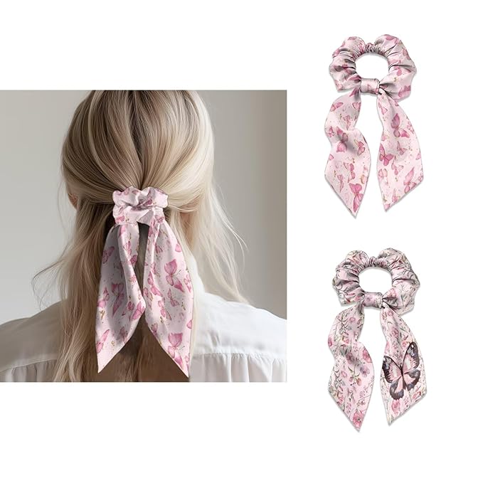 Butterfly Bow Hair Ties for Women Floral Pack of 2 Fashion Satin Hair Ties for Thin Hair Pink Aesthetic Scrunchies with Knot No Damage Ponytail Decor Band