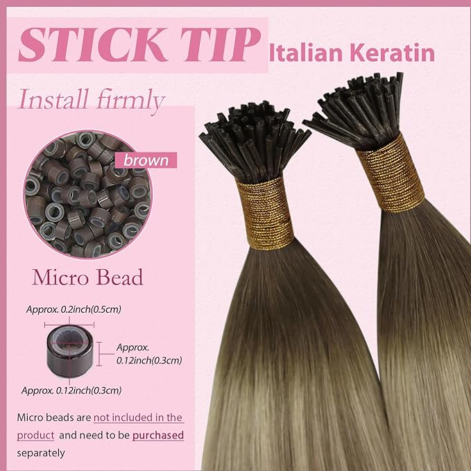 YoungSee I Tips Hair Extensions Real Human Hair Ombre 16In Itips Human Hair Extensions Dark Brown Ombre Blonde with Light Brown I Tip Hair Extension Balayage 50g 80s Straight Hair