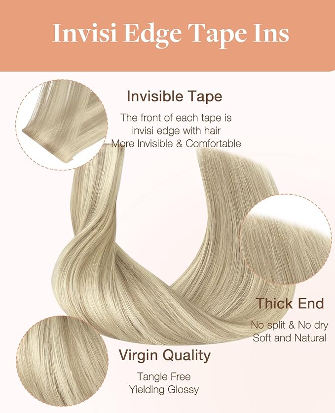 GOO GOO Invisi Edge Tape in Hair Extensions Human Hair, 17A/60A Ash Blonde Highlighted Platinum Blonde 10pcs injected with 10pcs classical tape ins, 20inch 50g, Virgin Remy Hair, Natural Look