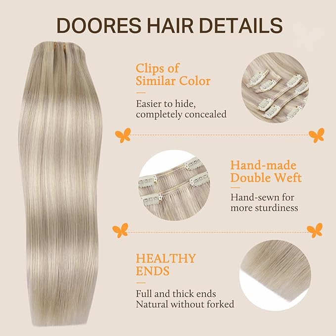 DOORES Human Hair Extensions Clip in, Soft Honey Blonde Highlight Platinum Blonde 120g 7pcs 16 Inch, Remy Clip in Hair Extensions Natural Thick Weft for Women