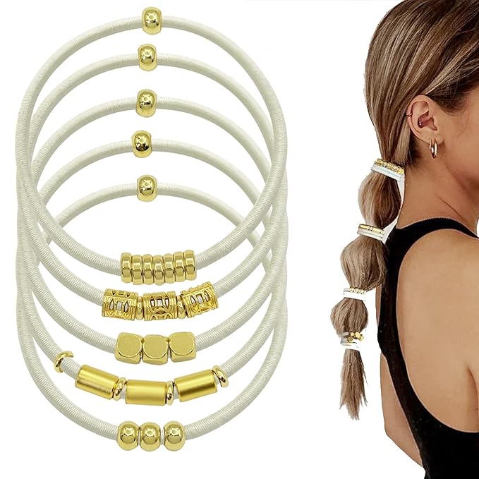 Blonde Bracelet Hair Ties for Women, 5 Pack Cute 3mm Thick Elastic Ponytail Holders Accessories No Damage Stretchy Beaded Pony Tails Hair Ties with Gold Metal Charms Beads