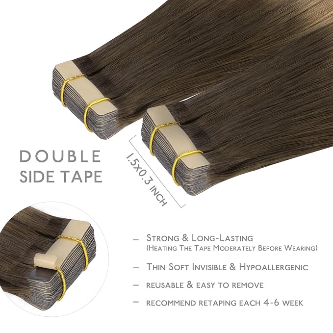 WENNALIFE Tape in Hair Extensions Human Hair, 20pcs 16 inch 50g Ombre Walnut Brown to Ash Brown and Bleach Blonde Remy Tape Hair Extensions Real Human Hair Tape Extensions Coloured Hair Extensions