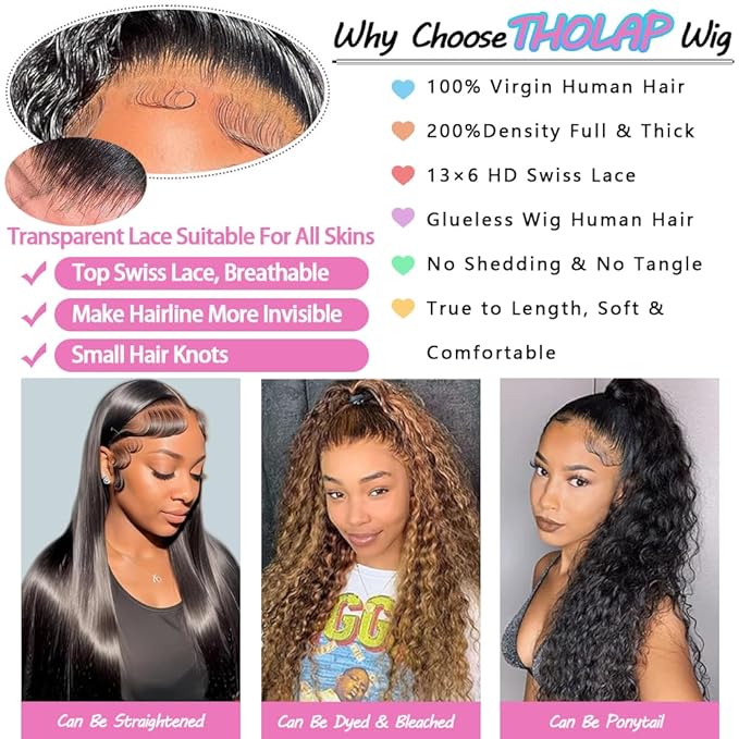 16 Inch 13x6 Deep Wave Lace Front Wigs Human Hair 200 Density 13x6 HD Lace Front Wigs Human Hair Pre Plucked Deep Curly Glueless Wig 100% Virgin Human Hair Lace Front Wigs for Women
