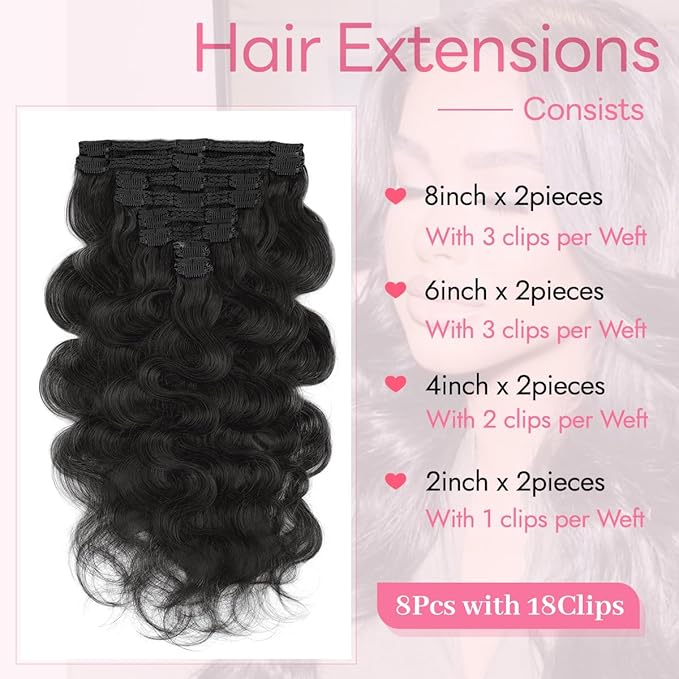 Clip in Hair Extensions Real Human Hair Body Wave 1B Natural Black Clip in 100% Brazilian Remy Human Hair Extensions 8pcs Per Set with 18 Clips Double Weft 18 Inch 100g/3.6oz