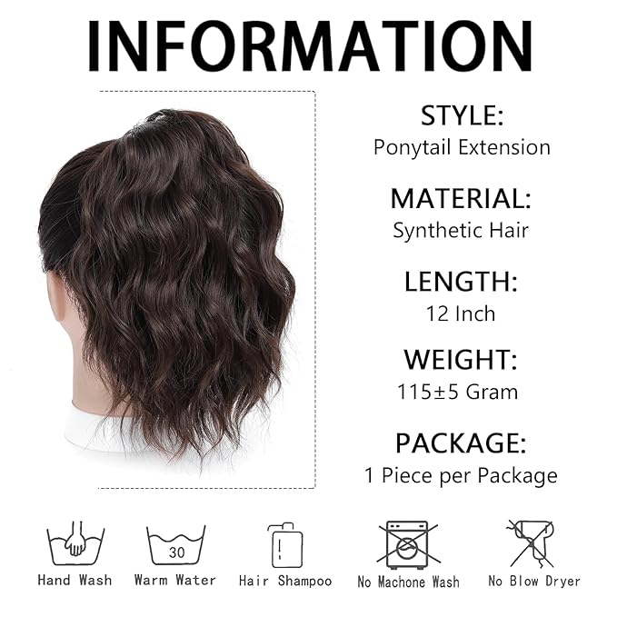Ponytail Extension-12 Inch Drawstring Ponytail Hair Extensions for Women Synthetic Curly Wavy Fake Pony Tails Hair Pieces for Daily Party Use (Brown)