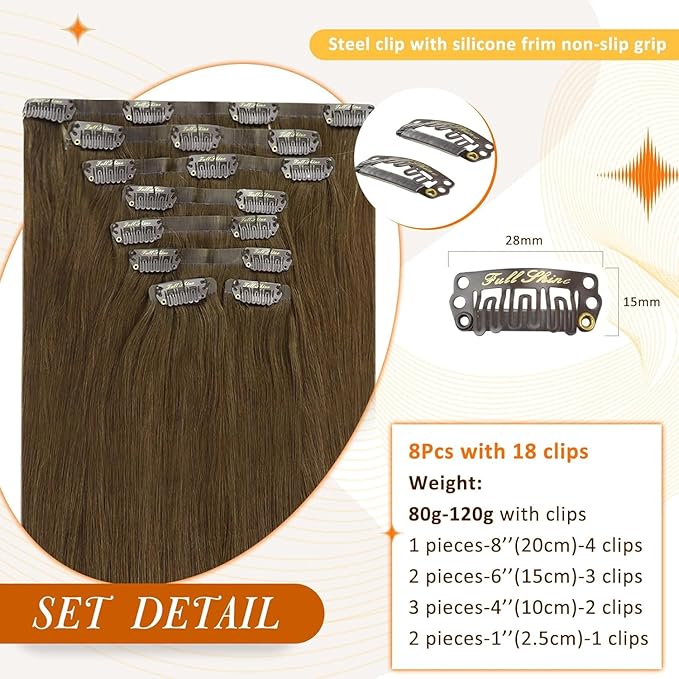 Full Shine Clip in Hair Extensions Real Human Hair Medium Brown Seamless Hair Extensions Clip in Straight Seamless Human Hair Clip ins 16 Inch 120 G 8 PCS
