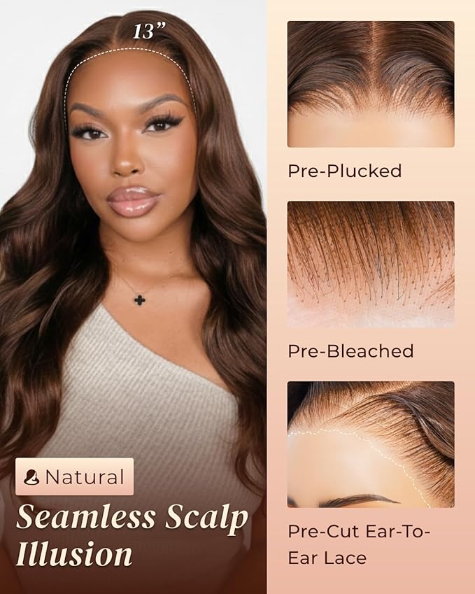 Arabella 13x6 Chocolate Brown Lace Front Wig Human Hair HD Transparent Body Wave Lace Front Wigs Human Hair Pre Plucked Glueless Frontal Brown Wig Human Hair 24 Inch