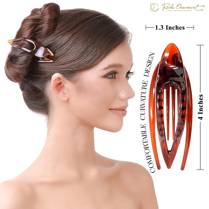 RC ROCHE 6 Pcs Flat Hair Clips Big Claw for Thick Hair French Duckbill Women No Slip Side Slide Curved Alligator Concord Strong Grip Hold Volume Lay Down Clamp, Medium Brown