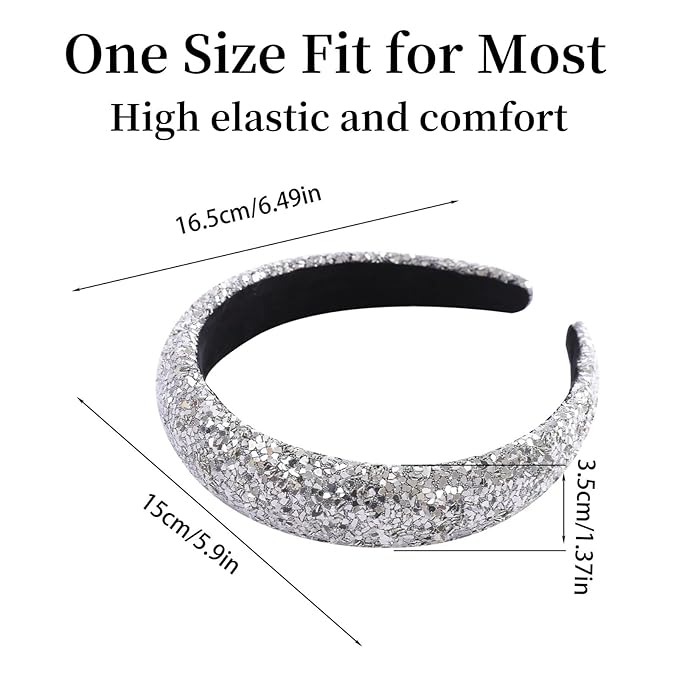 Sliver Sparkle Headband for Women Fashion Wide Headband Glitter Sequin Headbands Comfortable High Elastic Head Band Hair Hoop Hair Accessories for Womens