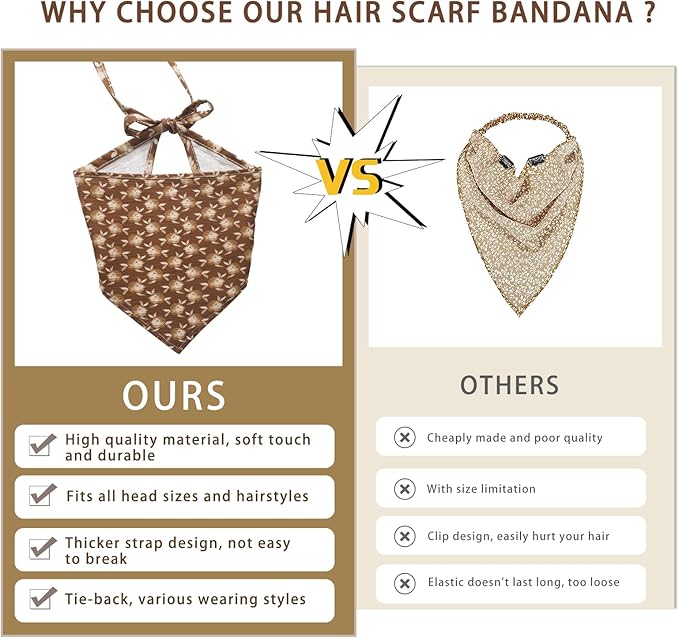 6 Pack Hair Scarf Headband for Women Elastic Bandana Head Scarf Large Boho Triangle Kerchief with Clips Non Slip Scarves