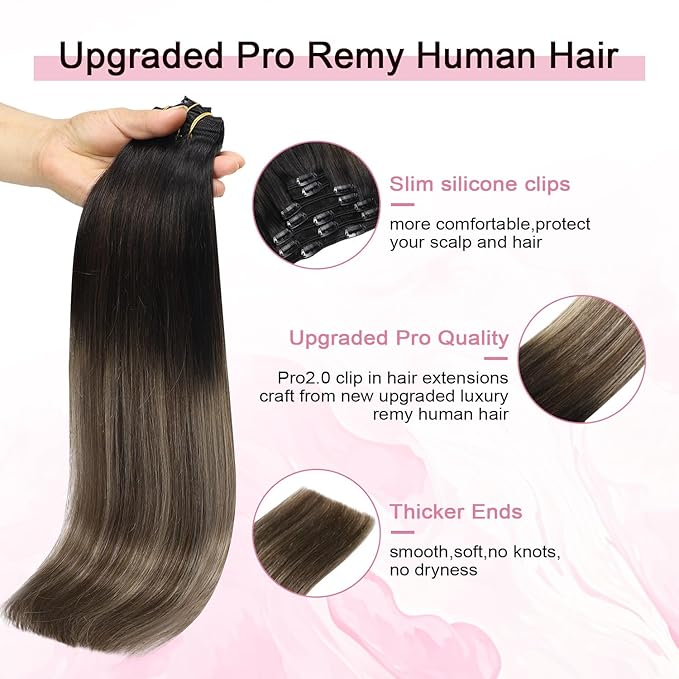 Pro2.0 Clip in Hair Extensions Real Human Hair 20inch 7pcs #1b/4/27 Natural Black to Chocolate Brown and Caramel Blonde Remy Real Human Hair Extensions Clip ins 120g Thick（#1b/4/27-20inch）