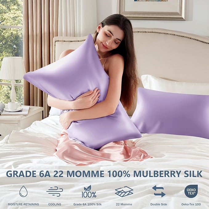 Silk Pillow Cases Standard Size 100% Mulberry Silk Pillowcase for Hair & Skin 22 Momme Both Sided Grade 6A Silk Cooling Soft Breathable 20 x 26 Inches with Hidden Zipper 1PC, Lavender