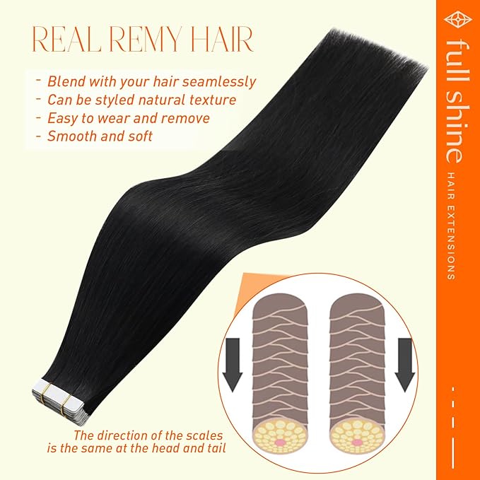 Full Shine Tape in Hair Extensions Human Hair 22 Inch Color 1 Jet Black Invisible Tape in Hair Extensions Human Hair Double Sided Seamless Tape in Extensions 40 Pcs Add Length 100 Gram