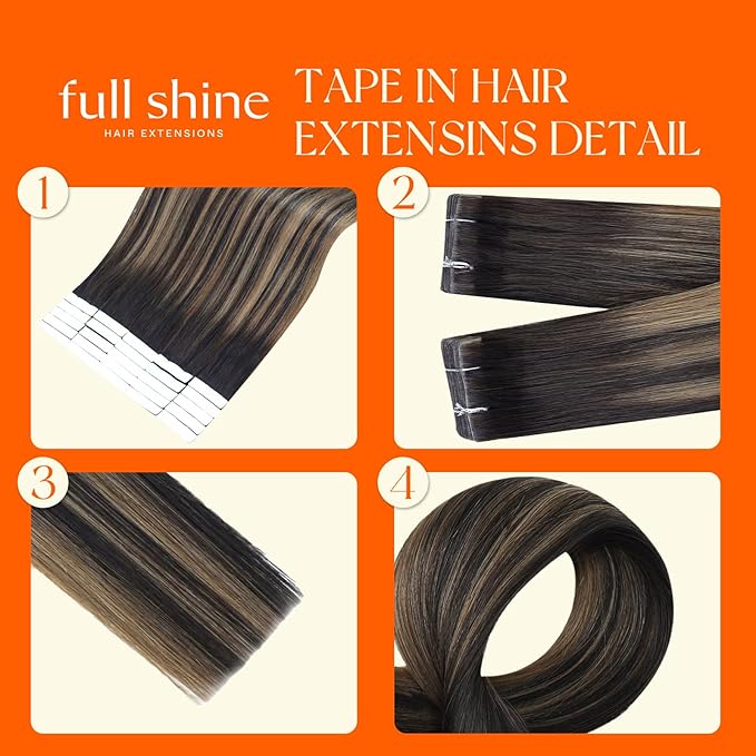 Full Shine Invisi Edge Tape in Hair Extensions 18 Inch Color Darkest Brown and Light Brown Invisible Machine Remy Balayage Hair Extensions Real Human Hair Tape ins No Knots for Women 20Pcs 50Grams